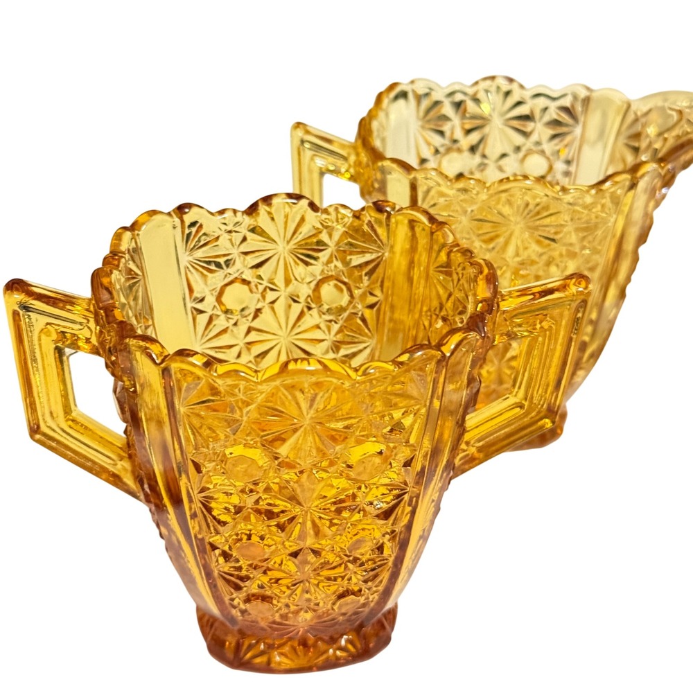 Fenton Amber Daisy Button Creamer Sugar Set Vintage Pressed Glass